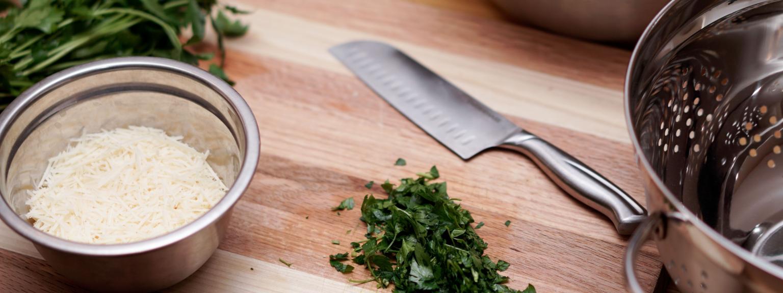 Food set out on a cutting board, ready to cook