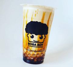 Cup of boba tea with Boba Boy logo on it