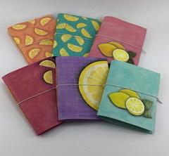 Bound booklets with fruit designs on them