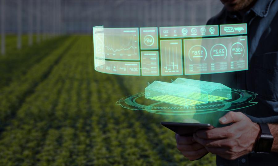 Person working on a holographic display with a farm field in the background