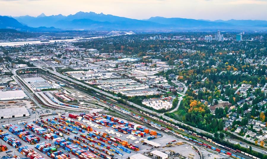 Aerial view of the Fraser River and Surrey docks