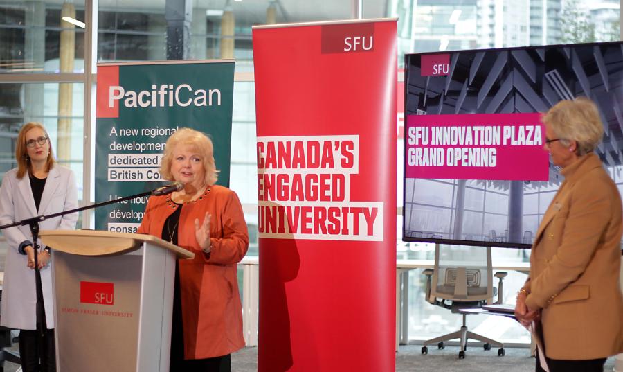 Surrey Mayor Brenda Locke speaks during the grand opening of SFU Innovation Plaza