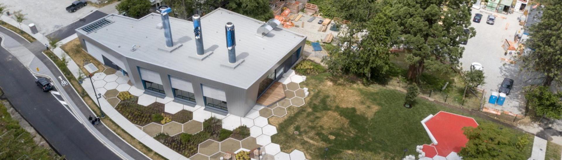 An aerial view of the West Village Energy Centre in City Centre
